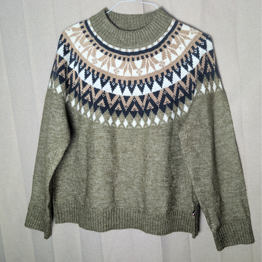 Tommy Hilfiger Womens XL Nordic Raglan Sweater Olive Green Metallic Gold Great